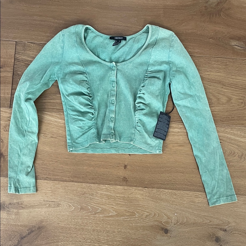 NWT Faded Sage Green Look/ Long Sleeve Button-Up with Gathered front design Top